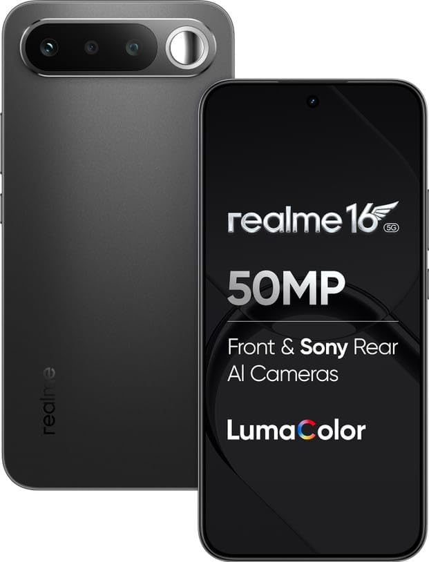 Image of realme 16 5G Smartphone, 8GB RAM, 128GB Storage, 6.57 inch Full HD+ AMOLED Display, 7000mAh Battery, 50MP + 2MP Rear Camera, 50MP Front Camera, Dimensity 6400 Turbo, Android 16, Air Black