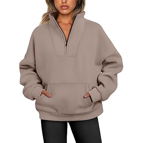 Trendy Queen Sweatshirts Half Zip Pullover Quarter Zip Oversized Hoodies Sweaters Comfy Fall Outfits 2025 Y2K Winter Clothes CoffeeGrey L Cover