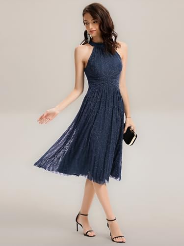 Ever-Pretty Women's Summer Halter Sleeveless Pletaed Midi Glitter Formal Evening Gowns 419623