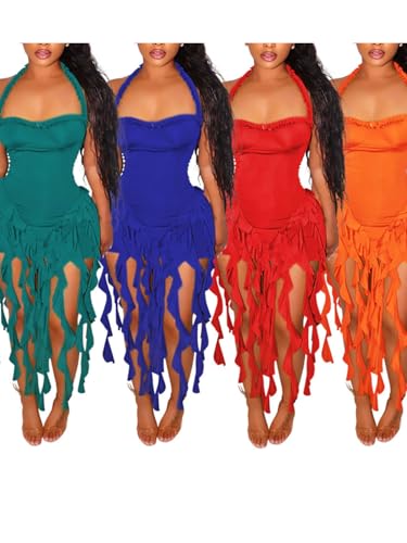 Image of Women's Sexy Fringe Ruffle Halter Neck Off Shoulder Bodycon Blackless Ruched Tassel Hem Mini Flowy Dress