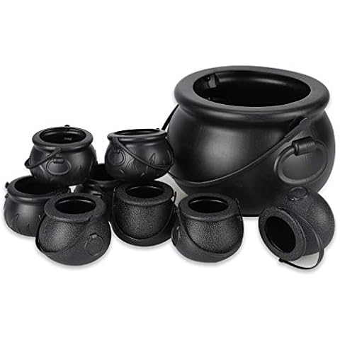 Qpout 9 Pack Black Cauldron with Handle Halloween Parties Candy Bucket Plastic Witch Cauldron Candy Kettle and Pot of Gold Cauldron Candy Holder Pot for Trick or Treat Halloween St. Patrick's Day Cover