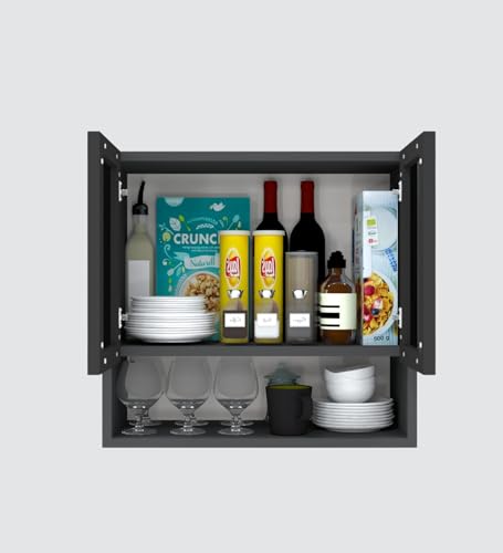 Image of SPECIALITY PANELS Wall Mounted Kitchen Cabinet with Glass Door Shutters, 2 Door Storage Cabinet, DIY Assembly, 57x55 cm, Black