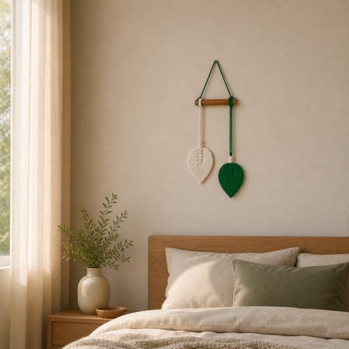 Image of AdFashionble Boho Macrame Wall Hanging Leaf Decor for Home, Living Room & Bedroom | Cotton Thread Art with Wooden Rod | Minimalist Handmade Wall Decoration | Aesthetic Nordic Wall Art for Home, Office & Gift Purpose Lenght- 58 cm Width- 15 cm (DARKGREEN & OFFWHITE)