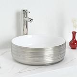 J-FAMILY Bathroom Countertop Ceramic Vessel Sink Vanity Artistic Wash Basin Brushed Texture Silver Decoration Round Sink Bowl,14.2''