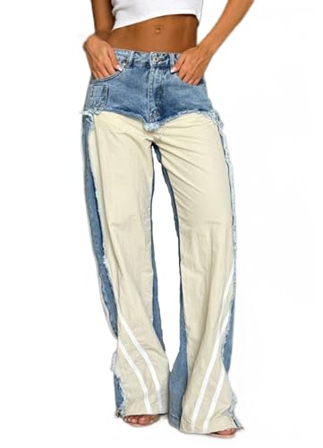 Womens High Waisted Straight Wide Leg Jeans Stretch Casual Patchwork Baggy Y2k Streetwear Pockets Denim Pants