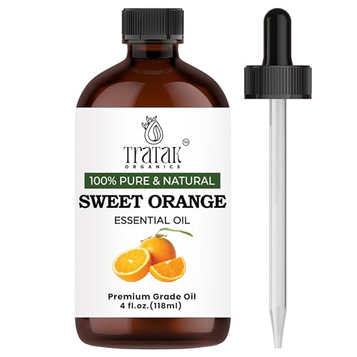 TRATAK ORGANICS 100% Pure Sweet Orange Essential Oil 4 FL OZ – Essential Oil for Citrus Scent, Aromatherapy, Diffuser, Skin, Home Freshener, Therapeutic Grade, Premium Quality with Glass Dropper