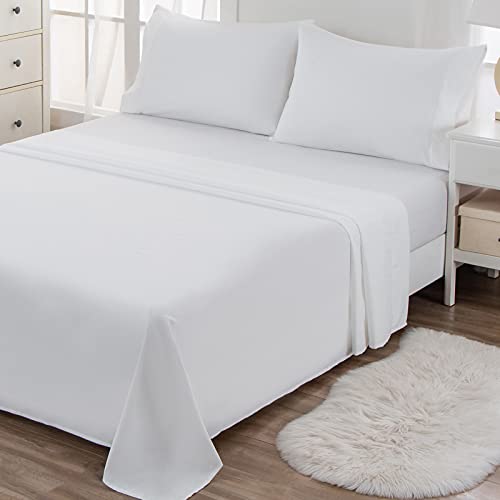 SIAMHOO Parure de lit 4 pièces en Microfibre avec Drap-Housse, Drap Plat, 2 taie d'oreiller Ensemble de literie Lisse Draps et taies d'oreillers (Blanc, 135 x 190 cm) Cover
