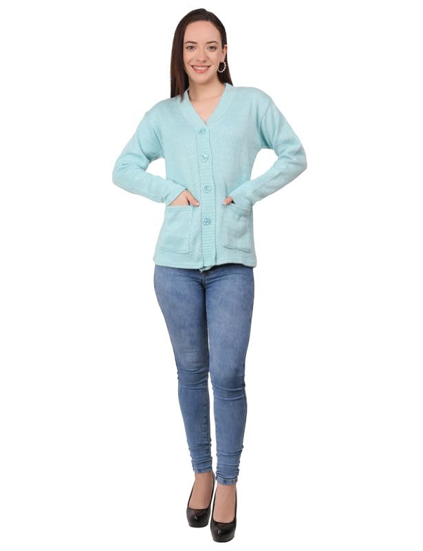 Image of MANRA Women's Woolen V-Neck Buttoned Full Sleeve Cardigan Self Design Soft Wool Fabric Winter Wear Pure Wool Sweater Fully Warm, Front Pockets Cardigan