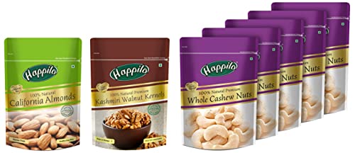Image of Happilo 100% Natural Premium Californian Almonds,Dried,200g & Premium 100% Natural Kashmiri Walnuts Kernels, 200g, Dry Fruits & Premium 100% Natural Whole Cashews, 200g (Pack of 5)