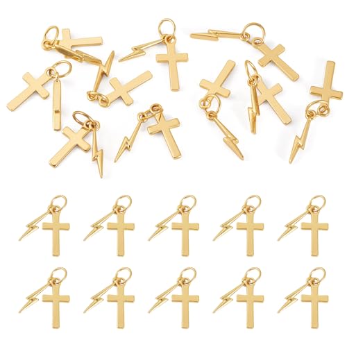 Image of 10Pcs 18K Gold Plated Cross Charms Brass Golden Crucifix with Lightning Bolt Pendants Permant Metal Jewelry Charms with Jump Ring for DIY Bracelet Necklace Earring Jewelry Making
