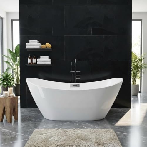59' Freestanding Acrylic Bathtub, Deep Soaking Tub with Non-Slip Base, cUPC Certified, Chrome Pop-Up Drain and Overflow, White