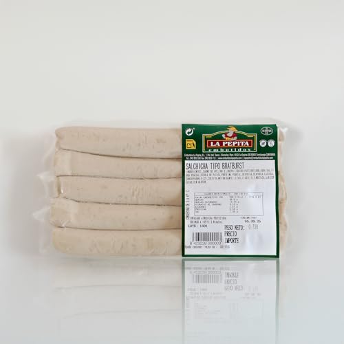EMBUTIDOS LA PEPITA – Bratwurst Artesanal de Cerdo | 10 Unidades envasadas al vacío | 650 gr | Receta Tradicional Alemana | Sabor Intenso | Producto Cocido | Sin OGM | Fabricado en España