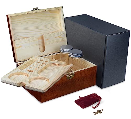 AlaKong Wood Storage Box Organizer, Large Premium Locking Wooden Stash Box with 2 Airtight Jars for Home Decorative, Keepsake Decorative Memory Box with Lock and Key for Family Friends Great Gifts