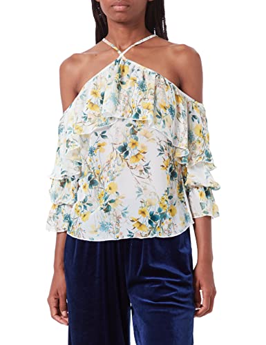 Marca Amazon - find. Blusa Estampada con Hombros al aire para Mujer, Multicolor (Yellow Mix), 40, Label: M