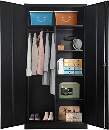 Atripark Metal Storage Cabinet With Locking Doors, 72" Tall Storage Wardrobe With Lock And Hanging Rod, Steel Storage Locker Closet With 4 Adjustable Shelves For Home Office, Garage, Black #TOP15
