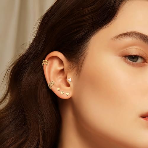 Wgoud 12 Pairs Hypoallergenic Surgical Steel Earrings for Sensitive Ears Waterproof Trendy Gold Plated Small Stud Flat Back Stainless Steel Earrings for Women Men Hoop Cartilage Earring Set for Multiple Piercing3