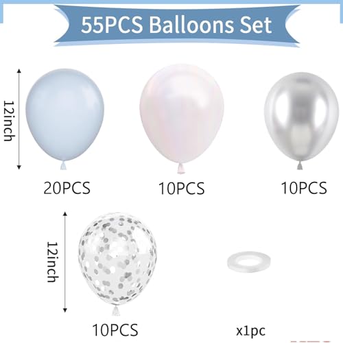 Image of 60 Pcs 12 Inch Baby Blue and Silver Balloons Light Blue White Latex Balloons with Chrome Metallic Silver Party Balloons for Boys Baby Shower Bridal Baptism Winter Birthday Party Decorations