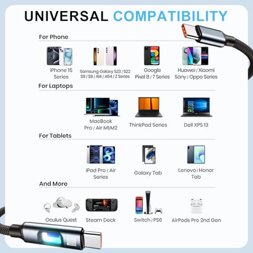 Image of Verilux PD 100W Type C Cable Fast Charging with Breathing Light, 5.9Ft /1.8M C Type Charger Cable Nylon Braid with 480Mbps Data Sync for iPhone 17 /17 Pro /17 Pro Max /16 /15, Galaxy S25 /S24 /S23, Black