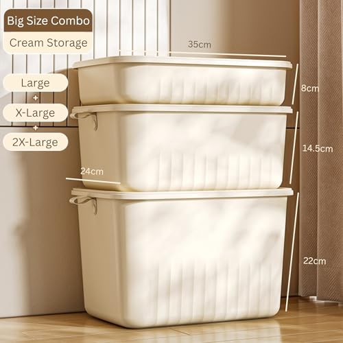Image of KREPS Multi Purpose Plastic Storage Bins Stackable Organizer Boxes with Lids, Stackable Crates for Home & Kitchen, items like books, clothes, snacks, toys. (ALL SIZE COMBO, ALL)