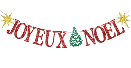 Joyeux Noel Banner, Christmas Party Decorations, Be Merry Decor, Merry Christmas Eve/Birthday Decoration Supplies, Winter Holiday New Year Decor Red Glitter