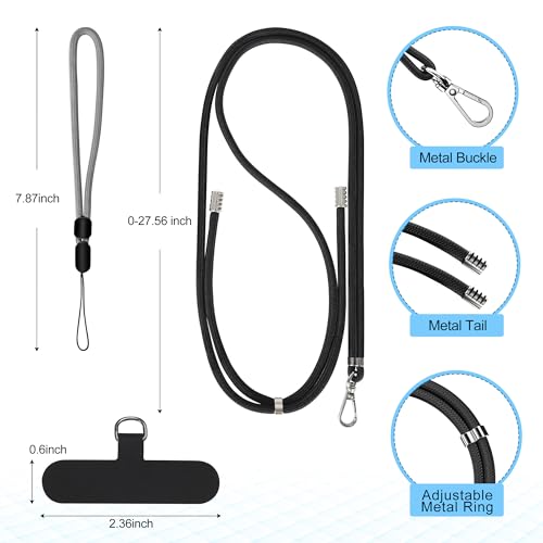 Image of takyu Cell Phone Lanyard, Crossbody Phone Lanyard Adjustable Neck Strap and 2 Pack Phone Wrist Strap with Phone Tether Patches for Most Smartphones-2Black+Grey