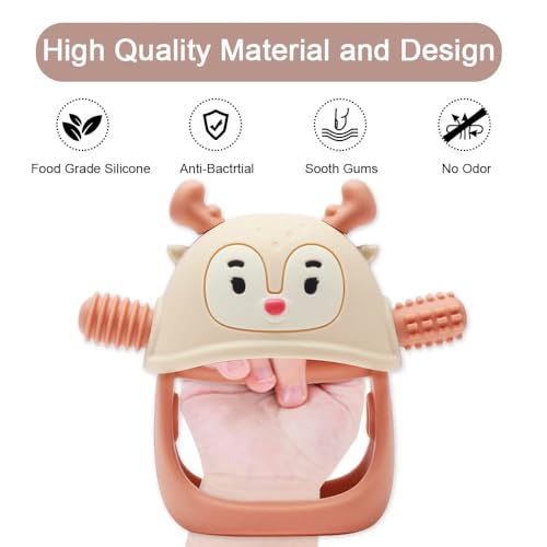 Image of Teething Toys /Teethers for Babies 6-12 Months, Reindeer Baby Chew Toy 3-6 Months for Teething Relief, Get-A-Grip Baby Hand Teether, Silicone Teething Mittens for 0-6Months, (Nude)