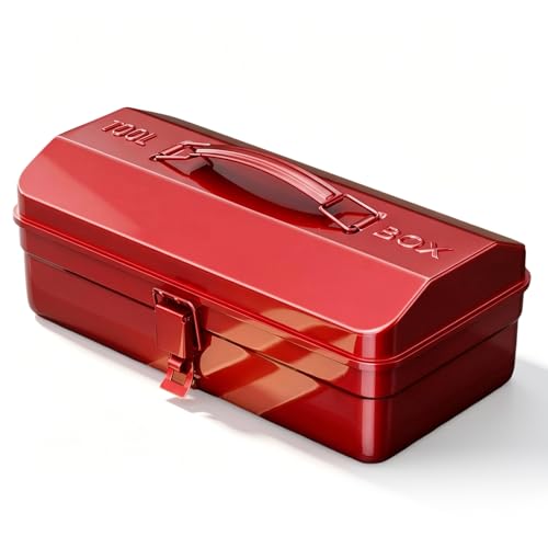 Metal Tool Box Empty Tool Storage Box with Carry Handle and Metal Latch 37 x 16 x 12 cm Portable Toolbox for Small Parts for Tools (Red)