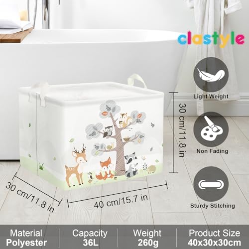 Image of Clastyle 36L Large Woodland Animal Tree House Baby Basket Rectangle Deer Fox Squirrel Shelf Basket with Handle Collapsible Book Toy Clothes Towel Nursery Storage Basket | Waterproof Large Dirty Clothes Book Gift Toy Organizer Bin, Nursery Playroom Bedroom Bathroom Shelf, Deer Fox Squirrel