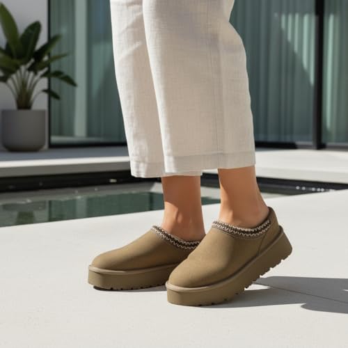 Image of CUSHIONAIRE Kabuki Platform Boots Genuine Suede Fuzzy Mule Slippers for Women with Memory Foam | Indoor /Outdoor Womens Slippers | Wide Widths Available