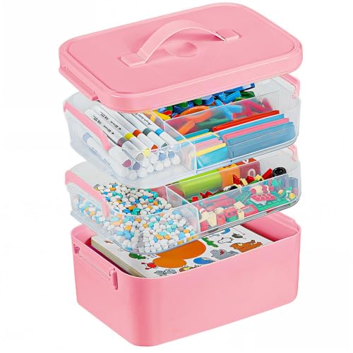 Image of Gifhomfix 3-Layer Plastic Craft Organizers and Storage Box with Removable Trays, Storage Containers with lids and Handle, Art Supply Storage Organizer for Bead, Ornament, Nail Polish, Tape(Pink)