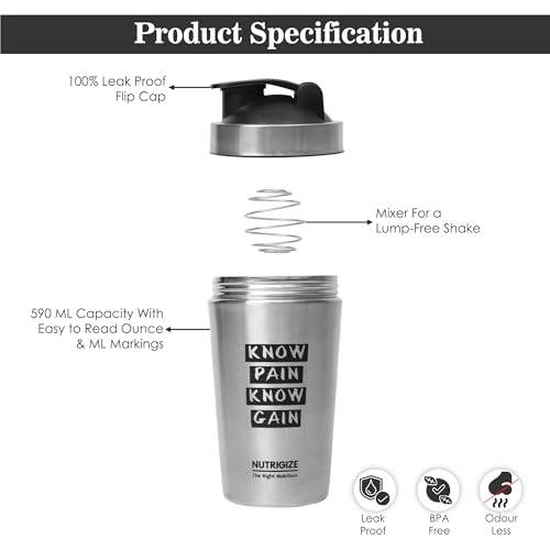 Image of Stainless Steel Shaker Bottle, 590ml (Grey) | Includes Steel Ball for Smooth, Lump-Free Shakes, Perfect for Protein, Supplements, and Beverages