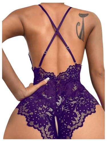 Image of SOLY HUX Women's One Piece Lingerie Sexy Lace Babydoll Deep V Teddy Criss Cross Backless Teddy Mini Bodysuit