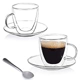 Insulated 5 Oz. Espresso Cups – Set of 2 Double Wall, Borosilicate Glass Espresso Mugs and Saucers...