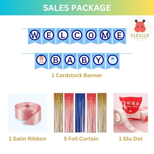 Image of 57 Pcs Welcome Baby Boy Decoration Kit | Balloons, Banner, Curtains, Foils, Stars, Hearts, Ribbon & Confetti for Baby Shower & Newborn Celebration Set 14