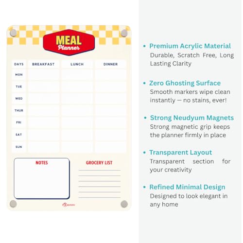 Image of Magnetic Premium A4 Acrylic Weekly Meal Planner for Fridge |Shopping List, Todo Board | Family Chores, Routines, Meal Plan, Notes & Reminders - Yellow