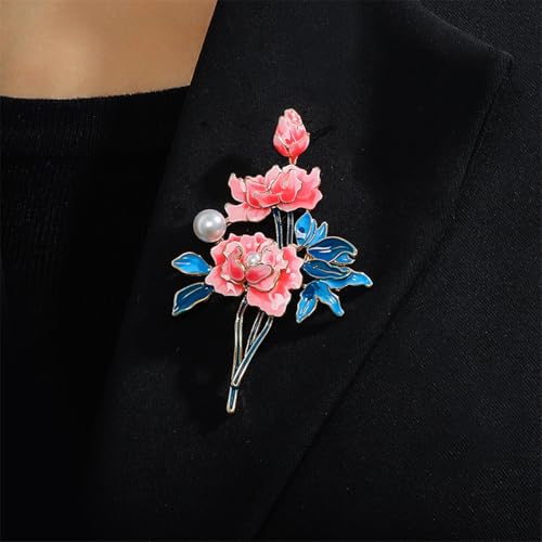 Image of Peony Flower Brooch Elegant Enamel Peony Brooch Lapel Pins Pink Blue Flower Brooch Clothing Hat Suit Bag Jewelry Accessories for Women