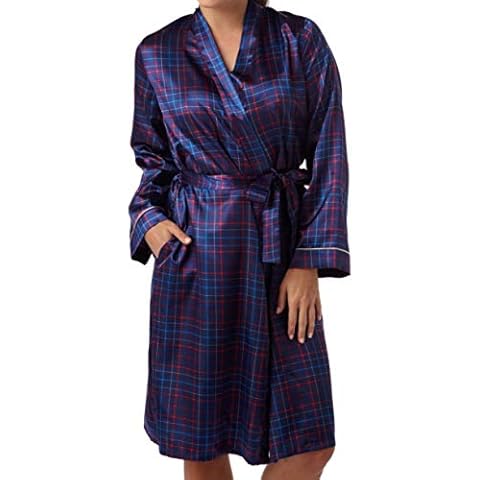 Womens Satin Kimono Luxury Silk Touch Dressing Gown -Navy Check 12 Cover