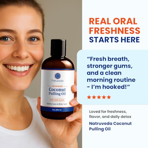 Image of Natruveda Coconut Oil Pulling Mouthwash - 8 oz, Virgin Clove & Mint Blend, Ayurvedic Oral Rinse for Teeth Whitening, Natural Mouthwash for Gums, Gentle Pulling Oil for Daily Use