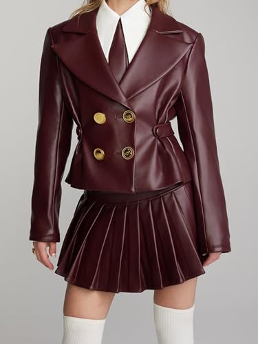 Mandonce Leather Skirt Set Lapel Waisted Leather Cropped Jacket and Pleated Mini Skirt Varsity Cute Fall Outfits for Women2