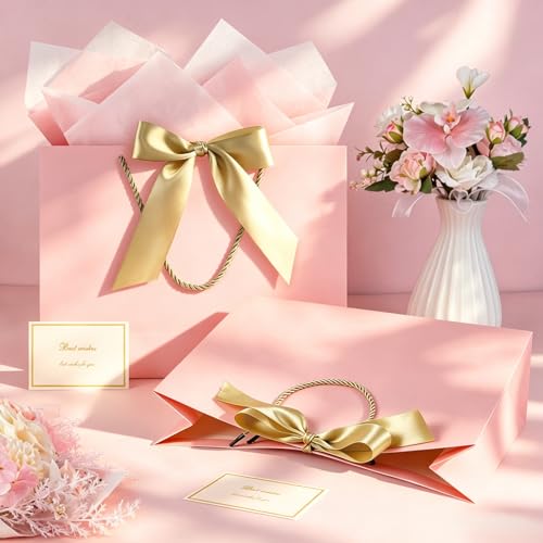 Image of JMANNI Gift Bags with Handles, 13 inch Medium Mothers Day Gift Bag for Presents, 2 Pcs Bags with 4 Tissue Paper and 2 Cards for Baby Shower Wedding Bridal Shower Mother's Day Birthday Party (Pink)