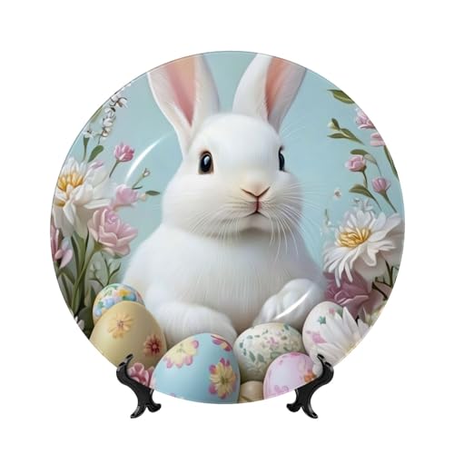 YZILDP White Easter Bunny Ceramic Plate with Display Stand,8 in,Farmhouse Decorative Plates Easter Wall Hanging Ceramic Craft Decor for Kitchen Dining Room Home
