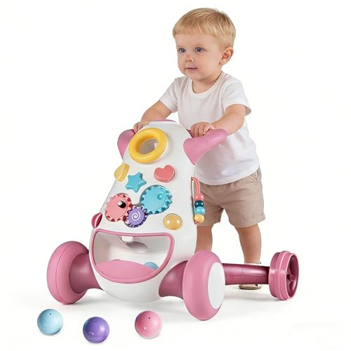 LIFEZEAL Andador para bebé, carrito de juegos y andador con música y luz, andador con juego de lanzamiento, con espacio de almacenamiento para niños de 12 a 36 meses (rosa)