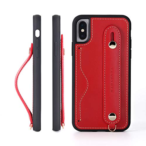 HANATORA iPhone Xs/X グリップケース レザー 本革 ストラップ付属 イタリア製牛革 ヌメ革 片手操作 カード収納 スタンド機能 メンズ レディース レッド CGH-Xs-Red