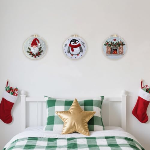 Image of EOBTAIN 3 Pcs Funny Christmas Embroidery Kit for Beginners,Red Gnome and Penguin Embroidery Starter Kit Winter Xmas Fireplace Stamped Patterns with Hoop,Thread,Needles,Hand DIY Craft Kits for Adults