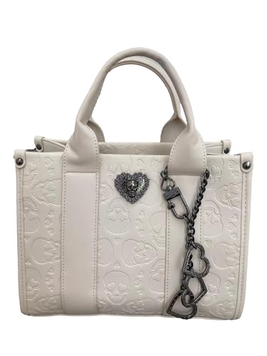 Betsey Johnson XO EVE Allover Skull Embossed Small Chalk Bone Faux Leather Triple Entry Satchel W/Pewter Metal Skull Heart Insignia & Detachable Studded 3 Hearts Dangle Crossbody Shoulder Bag
