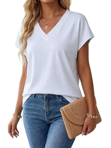 NUKELOLO Women's V Neck T-Shirts Loose Fit Dolman Sleeve Tops - Soft Rayon Casual Summer Tunic for...