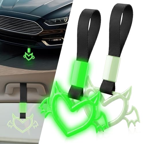 Image of 2 Pcs Devil Heart Shaped Car Handle Strap - JD M Drift Charm Rear Bumper Warning Ring Decor for Car Interior Exterior, Subway Bus Handle Accessory, Cute Heart Car Decor Gift (Luminous Green-Wing)