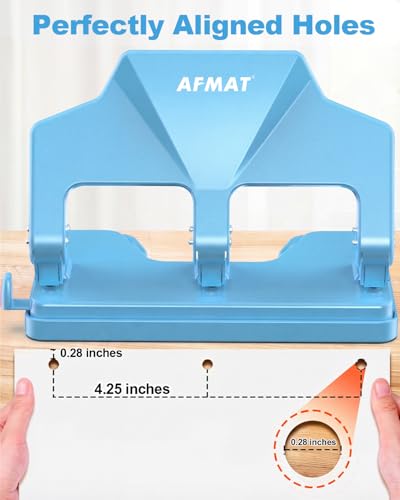 Image of AFMAT 3 Hole Punch Heavy Duty, 40-Sheet Three Hole Punch, 50% Reduced Effort, 3 Hole Puncher for Binder w /Large Chip Tray, 9 /32 inch Holes Diameter, Metal Paper Puncher for Home /Office /School, HP14(Cyan)