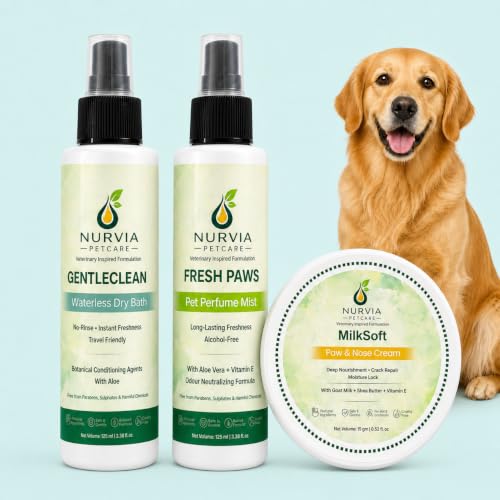 Image of Waterless Dog Grooming Kit by Nurvia Petcare | Dry Bath Spray + Perfume Mist + Paw Balm | Lemon Eucalyptus Aloe Vera Goat Milk | No Water No Rinse Travel-Friendly 3-in-1 | 100ml +100 ml + 15gm