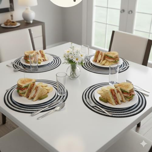 Image of Cotton Rope Placemats, Round Red with White Border, Set of 4, Heat Resistant Table Mats (Black White)